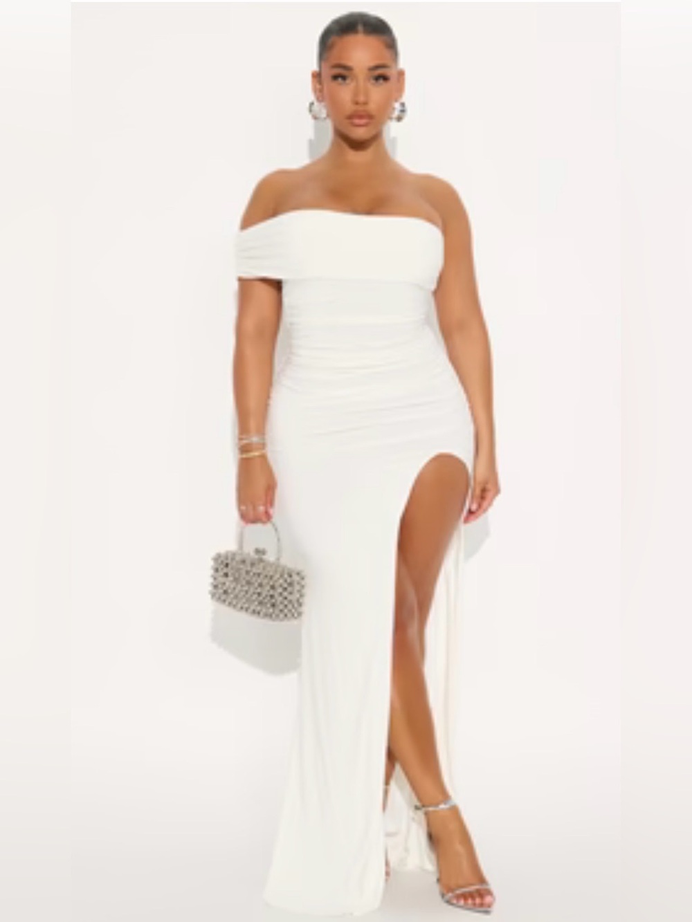 Fashion Nova White One-Shoulder Maxi Dress with High Side Slit